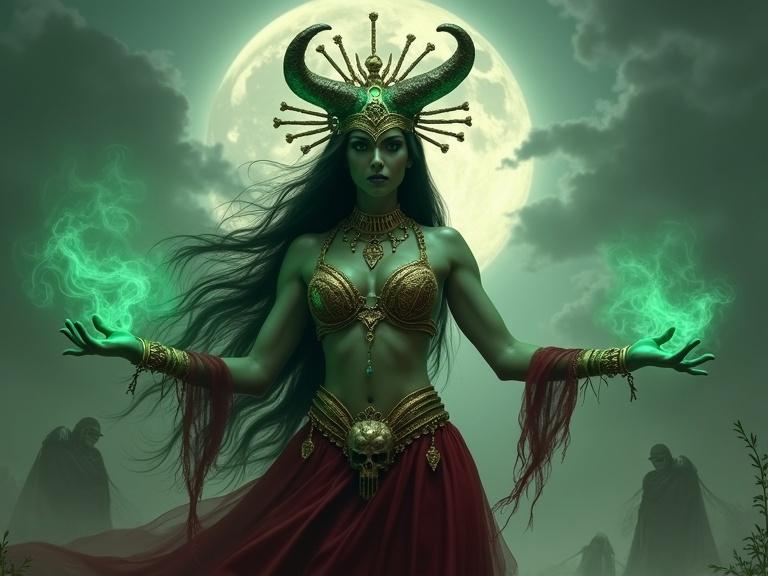 A necromancer queen depicts a powerful sorceress. She has long dark hair and wears an ornate headdress featuring a skull and horns. The queen has a golden jeweled bra and a red skirt flowing around her. Arms are outstretched showing ethereal smoke in green. Moonlit sky is filled with storm clouds. Shadow figures lurk in the background. The style is dark fantasy with high realism and intricate details.
