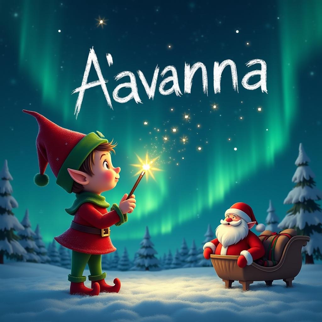 Elf uses wand to write name in the magical sky. Background shows northern lights and Santa. Name being written is A’avanna.