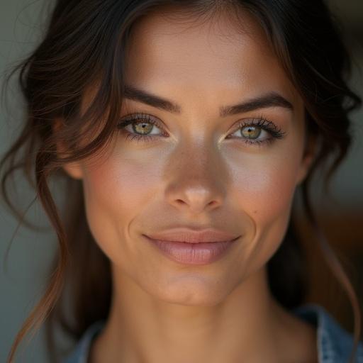 Capture the essence of a beautiful woman showcasing natural beauty. The focus is on the facial features illuminated by soft natural lighting. Emphasize a close view that highlights the warmth and aesthetics.