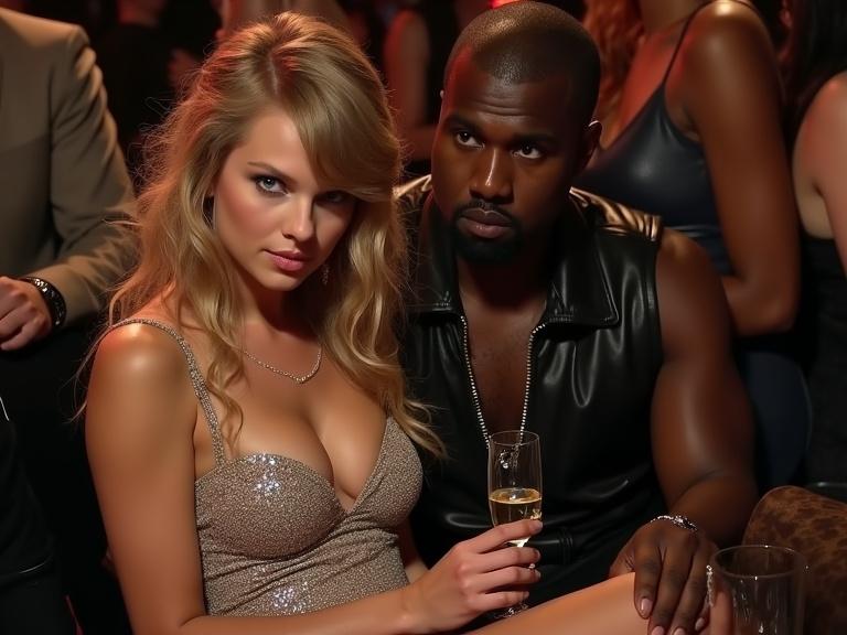 A nightclub scene featuring a couple sitting closely together. The woman has long blonde curly hair and is dressed in a sparkly silver dress. She holds a champagne glass. The man beside her wears a black leather vest and has a confident expression. They are surrounded by other people in a vibrant and moody club atmosphere.