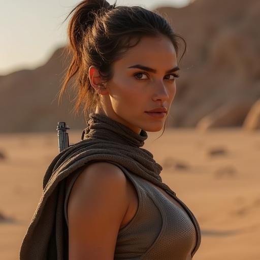Female character set in a desert landscape with a weapon. Character is wearing a fitted outfit. The environment appears barren and rocky. Strong gaze directed at the camera.