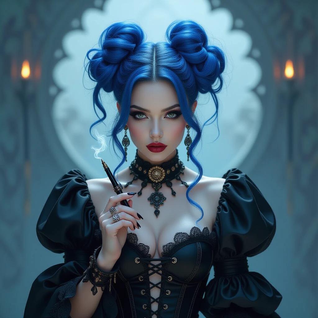 Striking figure with vibrant blue hair styled into whimsical buns. Porcelain skin in an elaborate black corset with opulent sleeves. Dark jewelry vibrates gothic allure. Slender hand holds a smoking pen. Wisps of smoke curl upwards. Background features intricate patterns and soft shadows. Sultry lighting enhances seductive intrigue. Composition blends dark fantasy with modern elegance.