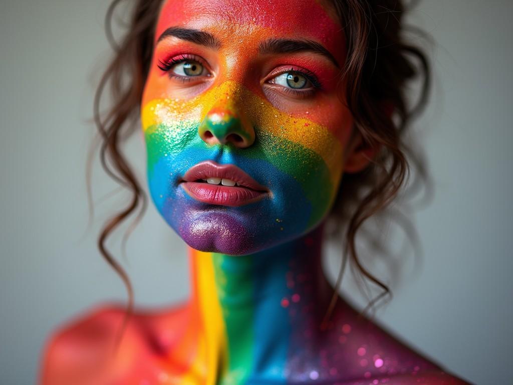 This vivid portrait captures the face and shoulders of a person covered in striking rainbow colors, symbolizing diversity and individuality. The person is looking confidently towards the viewer, and the vibrant colors are meticulously blended across their skin, creating a bold and eye-catching visual. The artistic use of rainbow hues suggests themes of self-expression and inclusivity.