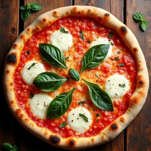 Neapolitan pizza Margherita displayed top-down view. Features fresh basil leaves and mozzarella cheese. Vibrant tomato sauce visible. Cooked with crispy crust. No slices visible. Full pizza highlighted.