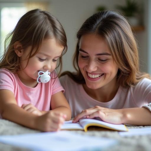 Mother and daughter sit together at home. They do homework together. The daughter wears a pink t-shirt. The mother explains the task with a smile. They are focused and in a cozy well-lit room.