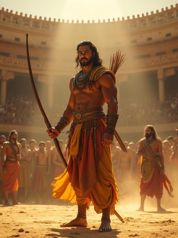 Powerful young warrior stands tall in ancient Indian martial arena. Background features Arjuna observing with focus. Dronacharya seated with neutral expression. Atmosphere filled with anticipation. Karna holds bow confidently. Dust in the air with sun rays falling. Traditional warrior attire and armor visible. Expressions show tension and respect.