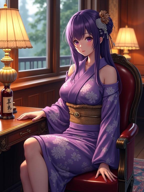 Anime lady in a luxurious lounge. She has striking violet hair. Her outfit is a shiny violet off-shoulder kimono with white floral patterns. A stylish gold obi belt is worn. Elegant vintage leather sofa is present. A bottle with Japanese writing rests on the table. Warm lighting creates a cozy atmosphere.