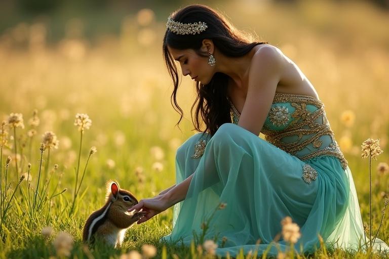 An Arabian princess wearing a turquoise gown bends down to a golden-brown squirrel in a grassy meadow. Surrounding wildflowers sway under soft sunlight. The princess displays grace and elegance as she interacts with the animal. The scene captures a moment of connection and freedom in a tranquil setting.