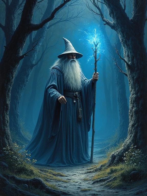 Illustration of a mysterious wizard in a dark forest. The wizard has a long beard, wears a pointed hat, and holds a staff that emits blue light. The forest is eerie with dark trees and dim illumination.