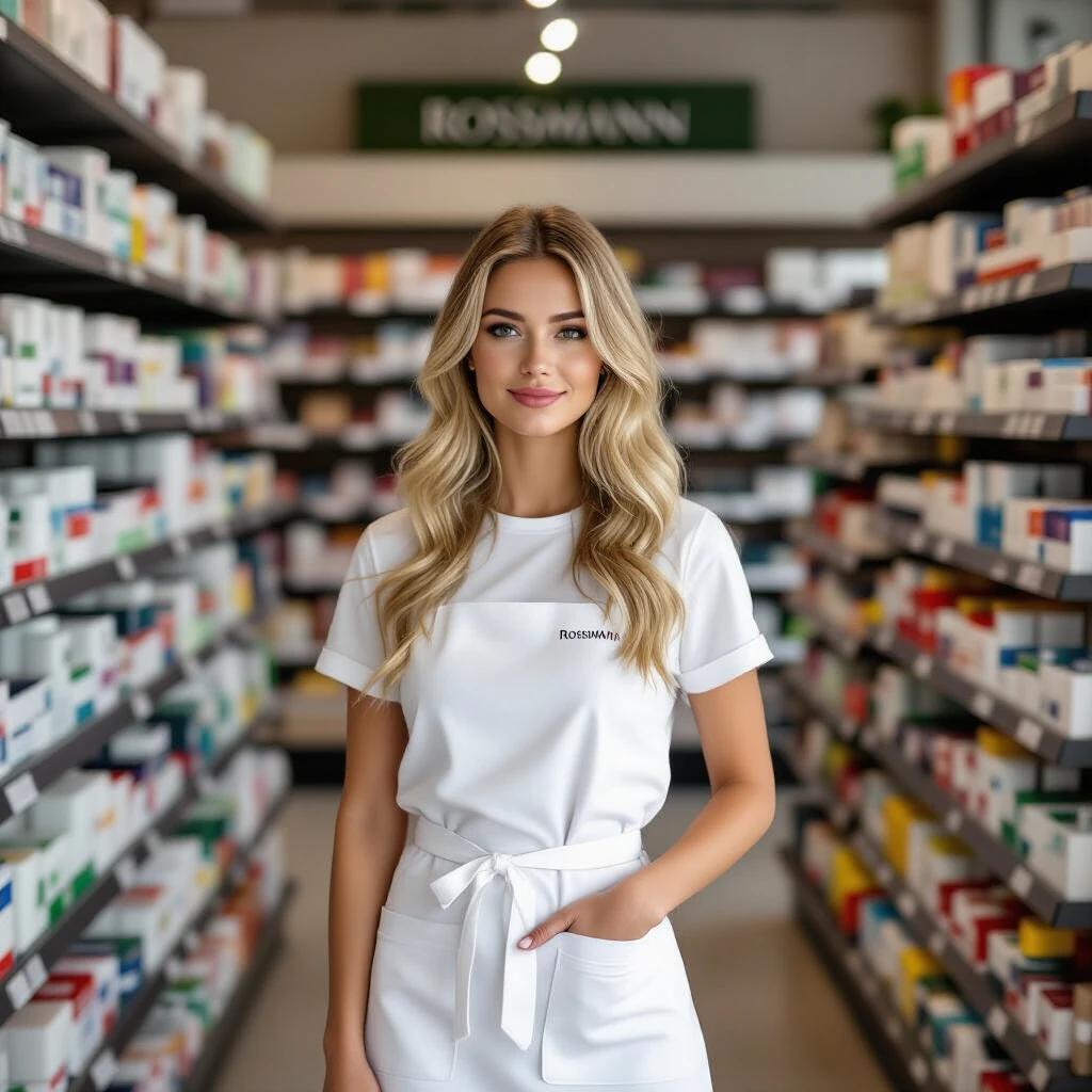 A 25-year-old woman stands confidently in a Rossmann store. She has long blond hair and wears a white uniform with the Rossmann logo. The background features shelves filled with various products.