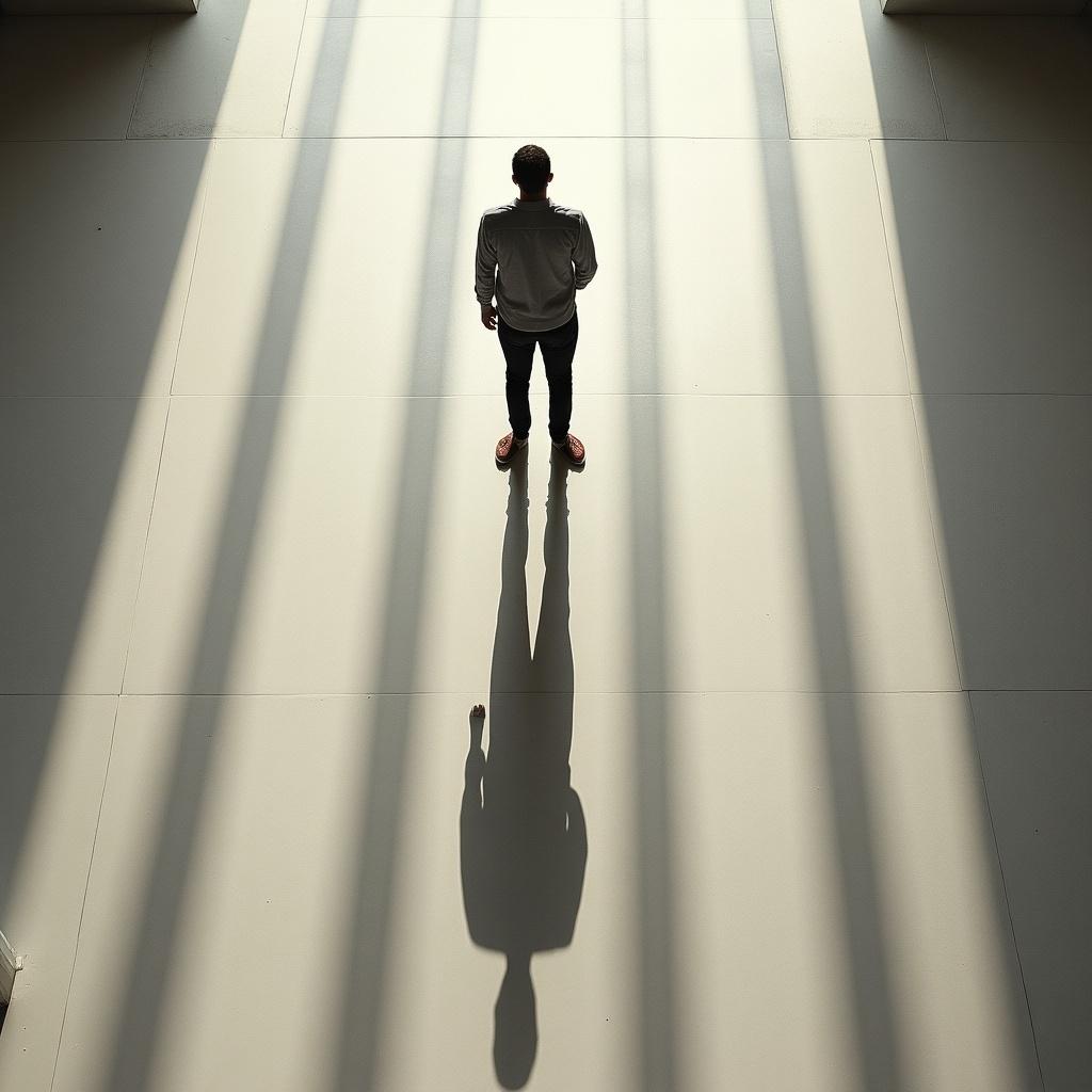 A man stands still viewed from above. Centered in the frame, he casts long shadows diagonally. Soft natural lighting enhances shadow effects on the ground. The scene is minimalist, emphasizing the man and his shadows for depth and intrigue.