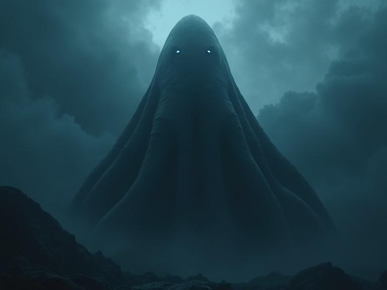 Create a large-scale tentacle creature with a sleek body and round pointed head. The creature has glowing eyes and long smooth tentacles. The scene is dark and atmospheric with fog and shadows. Use realism and high detail.