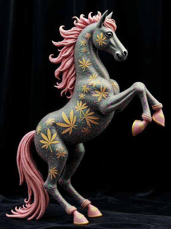Majestic black horse sculpture with multicolored Swarovski crystals and glowing cannabis leaf patterns. The horse stands upright on two legs in a playful pose. Its fur and tail have pink, green, gold, and violet gemstone embellishments. The sculpture shines in studio lighting with a black velvet background.
