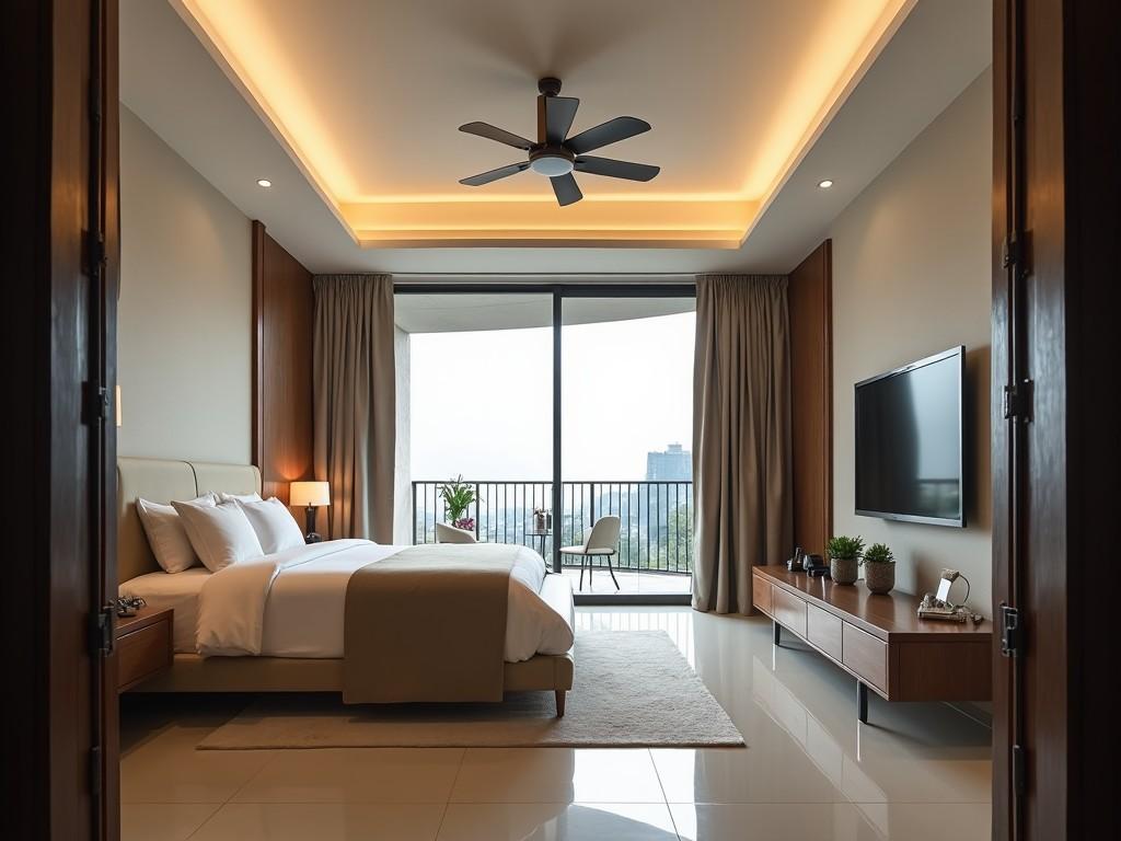 This image features a modern 5-star style bedroom viewed from the entrance door. The room is adorned with a plush bed complete with a stylish headboard wall, positioned against a large window that offers an expansive view. To the right, there is a spacious sliding door leading to a balcony, enhancing the room's appeal. The ceiling showcases an elegant false design fitted with a ceiling fan at the center, contributing to the room's modern aesthetics. The light, neutral color scheme creates a serene atmosphere, making it perfect for relaxation.