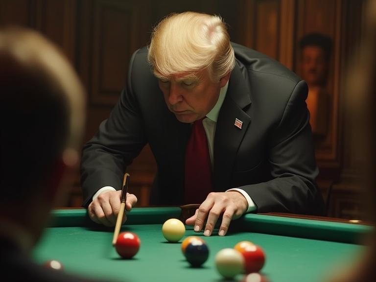 A scene showing a man leaning over a pool table focusing intently on the game. The atmosphere is dramatic and tense, with warm lighting casting shadows.