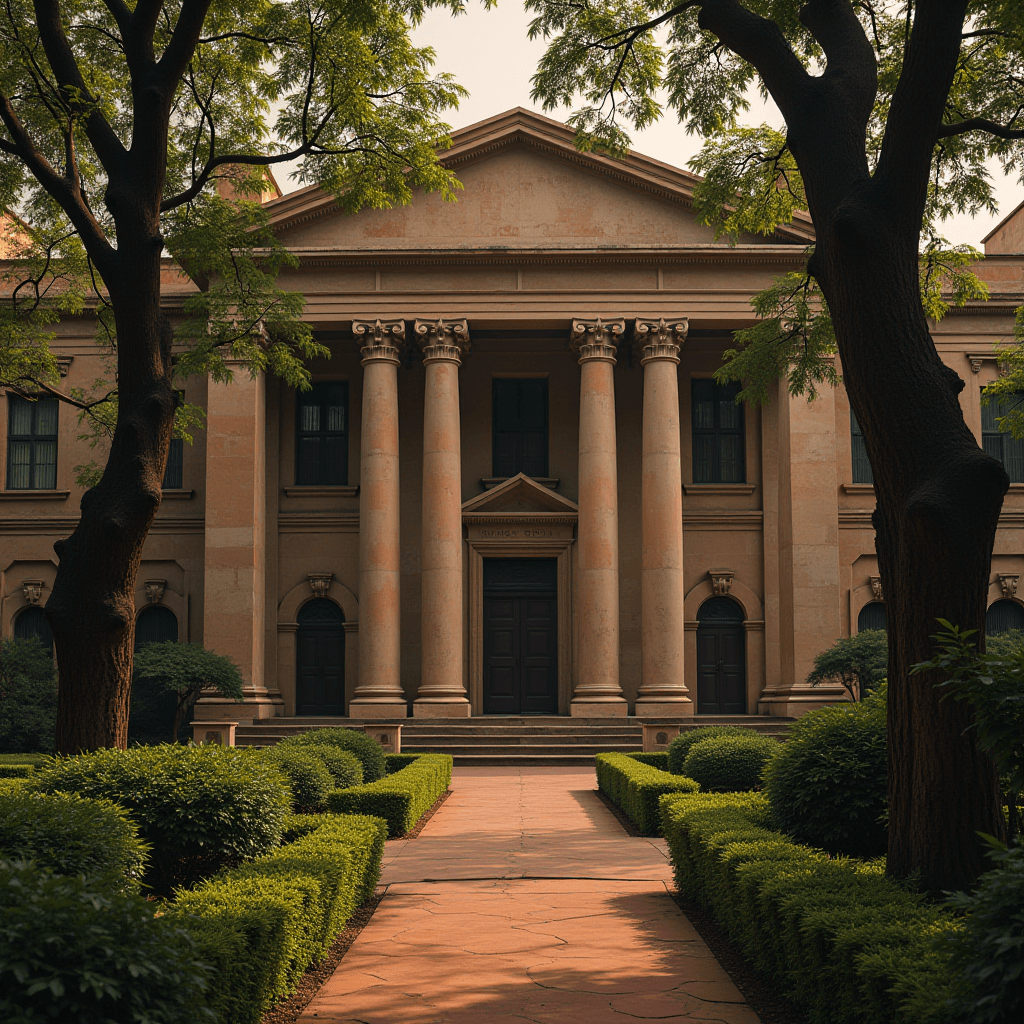 A classical building with tall columns is surrounded by lush greenery and trees.