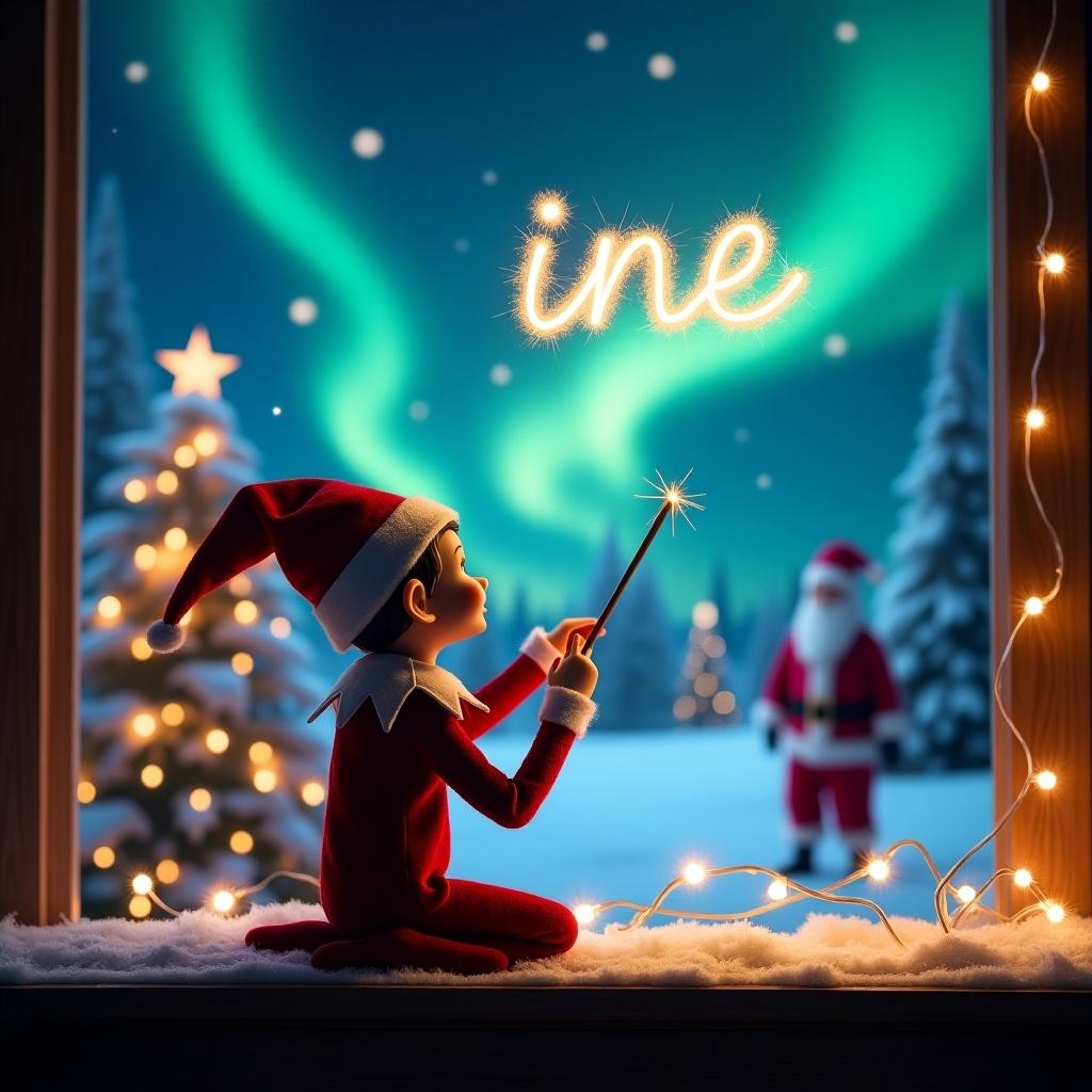 An enchanting Christmas scene captures an elf on the shelf sitting on a window sill. The elf, with his back to the viewer, is facing a vibrant night sky. He is using a wand to write 'Áine' in sparkling letters above him. Outside, the background features magical northern lights illuminating snow-covered trees. In the distance, Santa Claus adds to the festive charm, creating an atmosphere filled with wonder and holiday magic as twinkling lights enhance the enchantment.