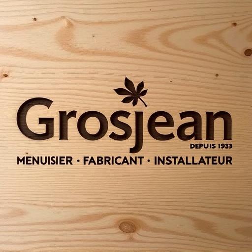 Photograph of the Grosjean logo carved into light oak wood. Bold text with a leaf motif, smaller text aligned right, tagline below. Engraving has depth and texture, capturing the grain of wood. Minor imperfections present for authenticity. Centered composition, flat framing, shallow depth of field, artisanal aesthetic. Suitable for branding.