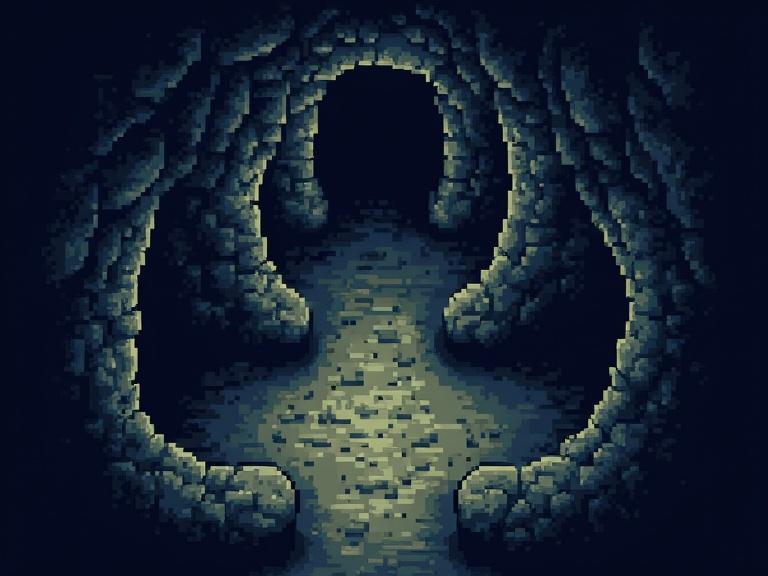 2D cave design in 8-bit pixel art style. It shows two winding paths inside the cave. Elements include walls, entrance, and exit. Overall mood is mysterious. View is from above.