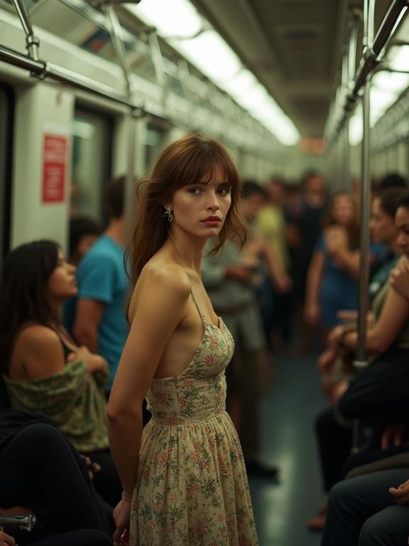 Candid photo of a woman in a packed train wearing a tight floral dress. People are squeezed together. The image is low resolution with pixelation typical of old phone cameras. Bright colors and an unpolished aesthetic are present.