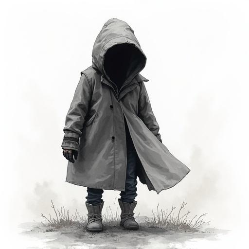 Watercolor illustration of a single subject. A scared modern villager in a gray, hooded coat. Set against a white background. Dark urban fantasy aesthetic with no text.