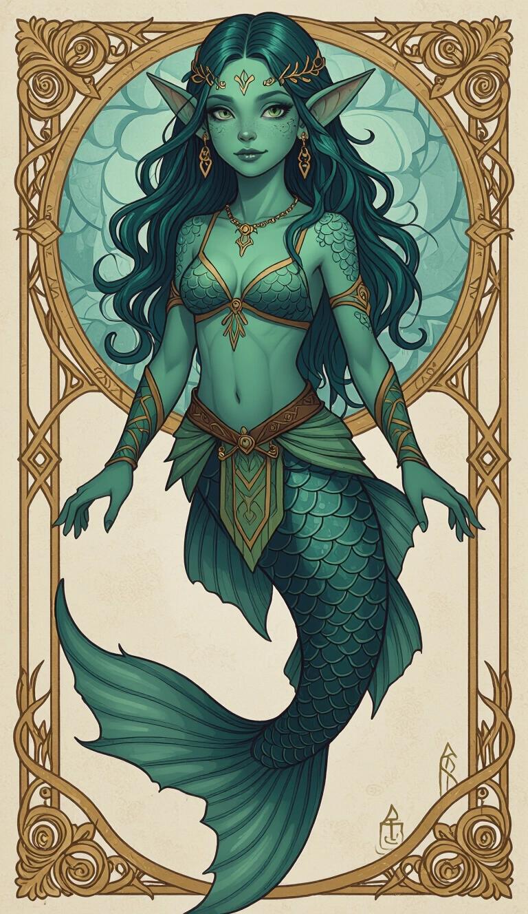 Acrylic painting style depicting an aquatic girl character. She has voluptuous features. Her skin is fully teal and fish-scaled. She has webbed ears and sharp fins. Her green hair flows elegantly. The outfit reflects Theros fantasy style. The overall appearance is amphibian-like and feels unreal. Full body view with a mystical background.