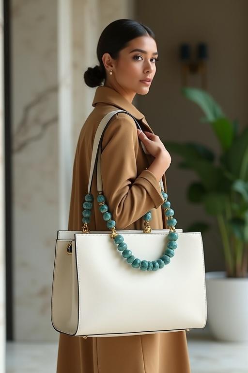 Stylish female model in a camel trench coat holding an ivory structured handbag. The handbag features aquamarine beads for the handle. The model poses with her arm bent at 90 degrees, showcasing the handbag. Soft lighting highlights the beads. Background is a blurred marble lobby with greenery.