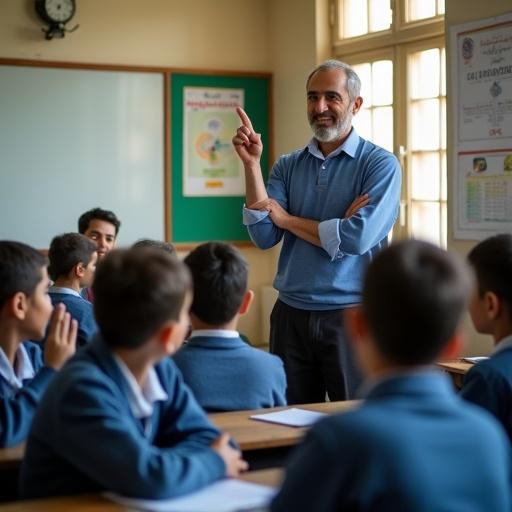 Photo-Realistic classroom documentary photography. Focused and positive mood. An Iranian male teacher stands in front of a classroom. Engaging with attentive schoolboys seated at their desks. Students in blue or gray uniforms. Some raising hands and others writing in notebooks. Teacher animated and smiling, pointing at the board. Traditional Iranian classroom with whiteboard and educational posters. Sunlight streaming through the windows. Teacher in the foreground or side. Clear rows of students. Visual focus on interaction and eye contact.