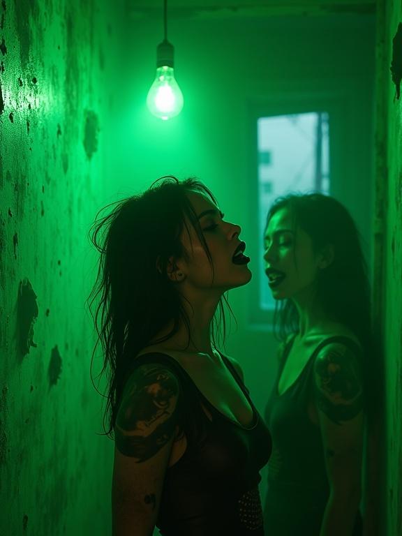 A cinematic hyper-realistic scene drenched in toxic green neon. A young woman stands in a decaying mirror-filled room. Green light spills from a cracked ceiling bulb casting shadows. Her reflections warp showing different emotions. Outside shattered windows a dystopian city is visible.