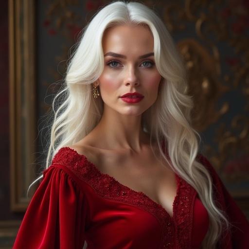 Elegant woman with long white hair wearing a red velvet dress in a gala setting. Confident expression. Soft lighting enhances beauty features.