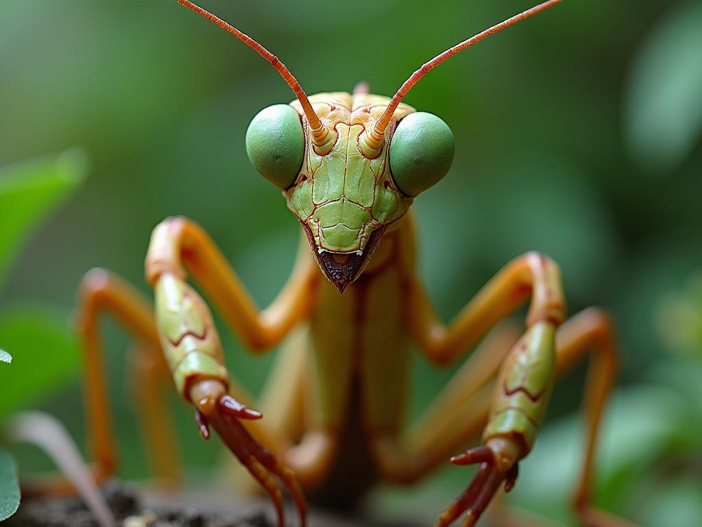 This image features an ultra-realistic close-up shot of a giant praying mantis. The intricate details of its facial features and unique color patterns are vividly captured. The mantis appears to be staring directly at the viewer, creating a slightly intimidating presence. The background is softly blurred, emphasizing the mantis as the main subject. Overall, the lighting and focus bring out the natural beauty and complexity of this fascinating insect.