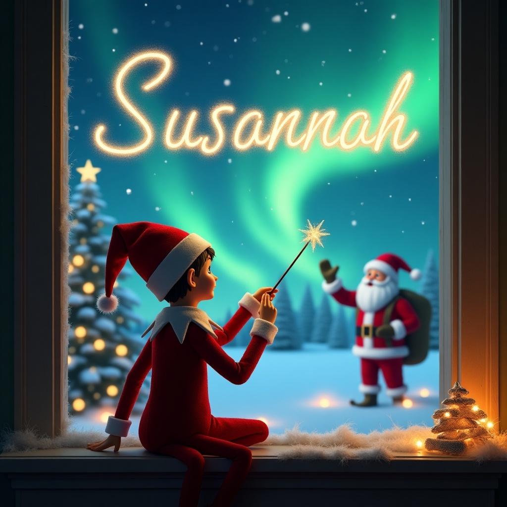 Elf on the shelf faces north with a wand. Magical Christmas background with northern lights and Santa. Name Susannah written in the sky elegantly.