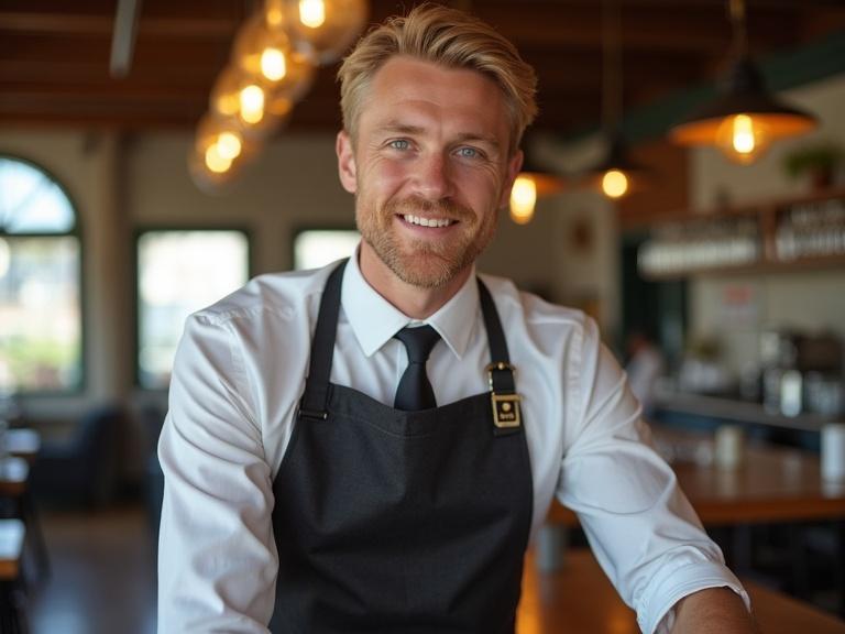 Blond male waiter smiling while taking order at table. He is wearing an apron and looks friendly. The background is a cozy restaurant.