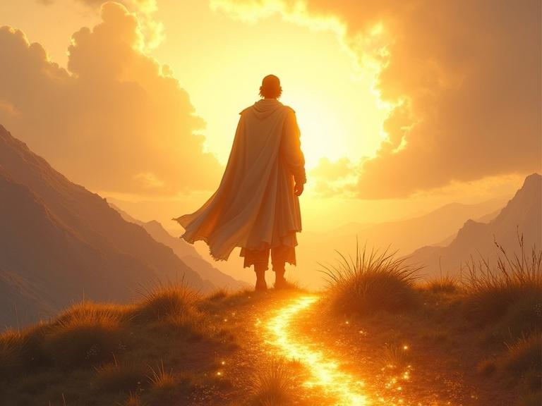 Enoch stands alone on a hill. A glowing path leads into the distance. A confident expression is visible on his face. The image has a realistic style and is illuminated by golden sunlight. The aspect ratio is 9:16.