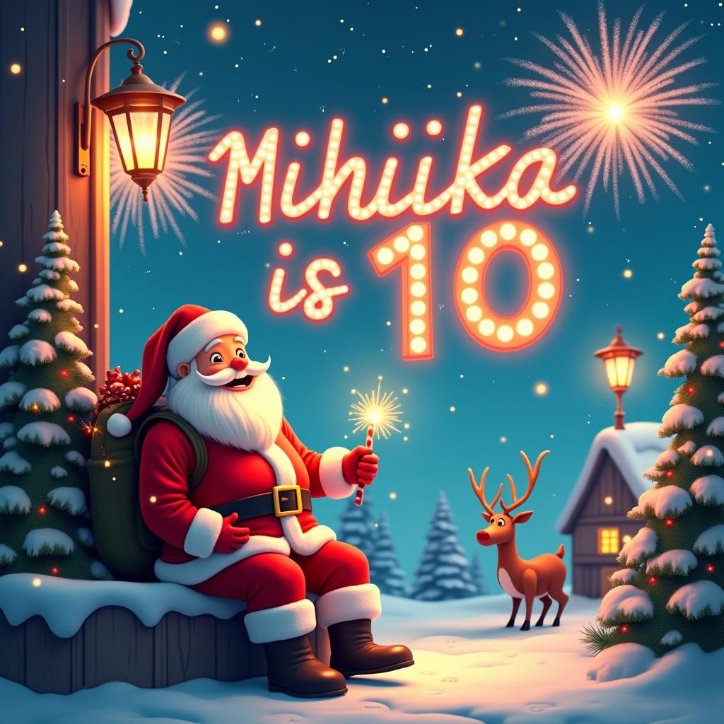 Snowy North Pole during Christmas time. Santa Claus sitting cheerfully on a shelf. Colorful fireworks spell out the name Mihika is 10. Background features Santa's workshop and reindeer. Santa wears a classic red suit. Surrounded by snow. Santa holds a glowing stick. Fairy lights twinkle around Christmas trees.