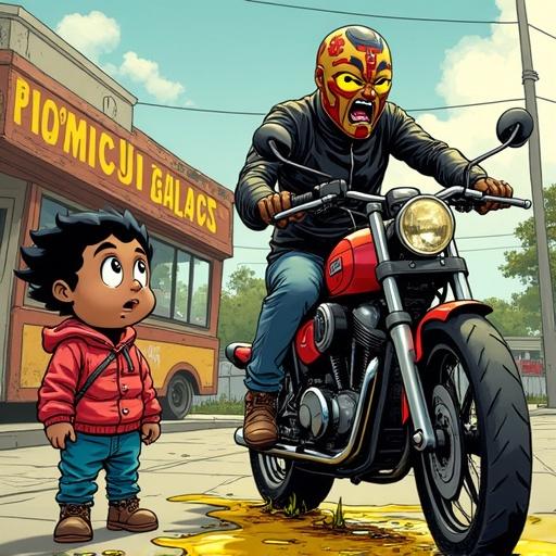 Motorcycle vomits oil in disgust. A child vendor stares at the bike. The scene captures humor and vivid emotions.