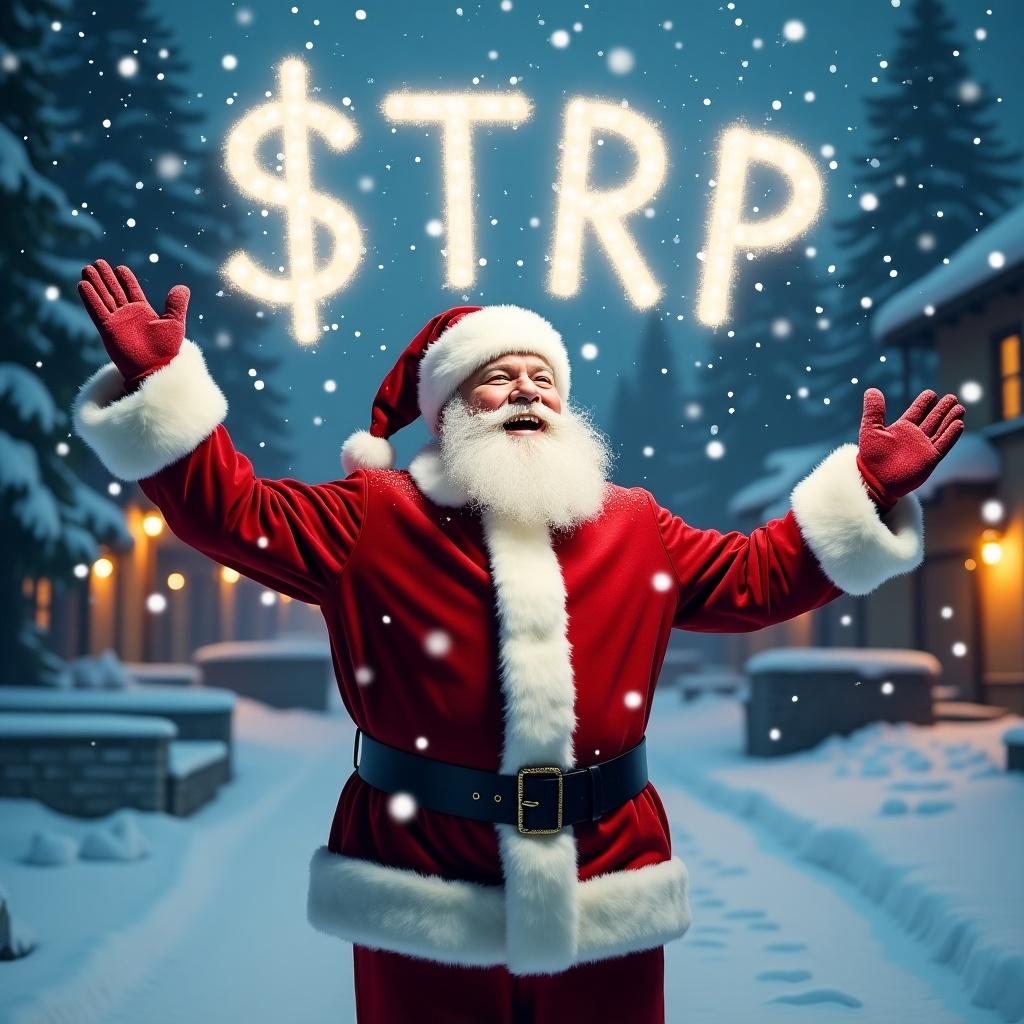 Image of Santa Claus in a snowy village writing '$TRP' in the sky. Snowflakes falling. Traditional red suit with white trim. Winter wonderland with snowy trees in the background. Christmas spirit and magic in the air.