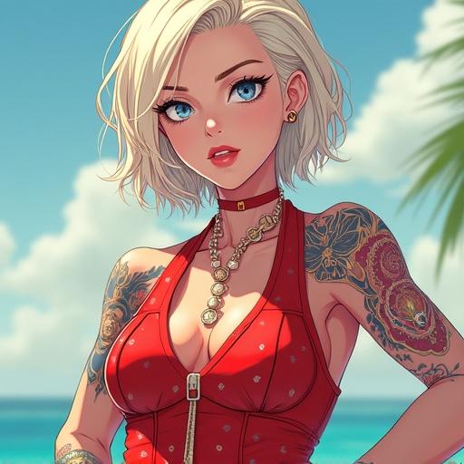 Anime woman aged 52 years old with frosted blue eyes. Beautiful face with short light blonde wavy hair. Features piercings and is wearing a red diamond printed dress. Edgy yet classy look showing half Japanese, half Saiyan heritage. Light pink lipstick enhances her appearance. Showcasing muscular arms and a defined six-pack. Has colorful Japanese tattoos and a unique double belly button ring. Set in a summer environment portraying an A-list celebrity on a luxurious magazine cover.