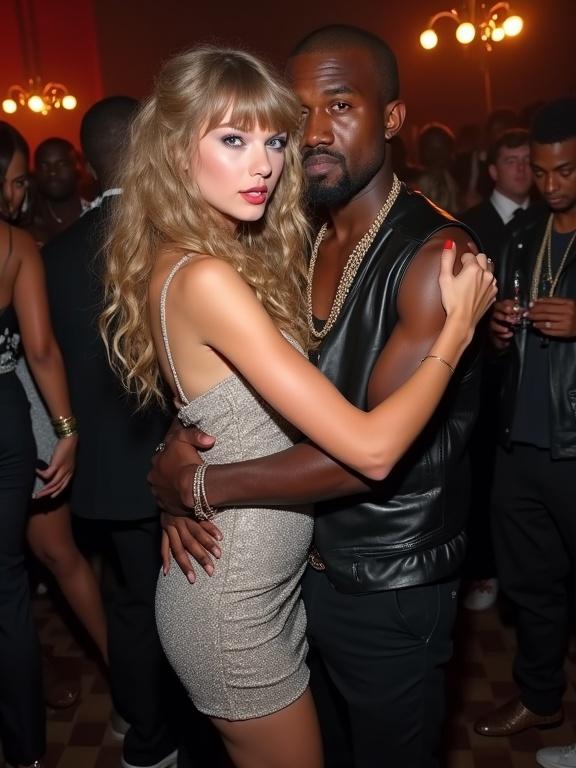 18 year old Taylor Swift and Kanye West at after party after awards show. Taylor Swift in sparkly silver prom dress with brown cowboy boots. Kanye West in black leather vest. They are close together. Taylor is looking at viewer. Kanye holds her tightly. Other individuals in background. Full body shot, side angle.