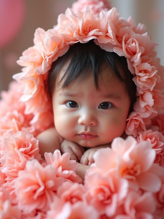 Super close-up portrait of an adorable baby girl wrapped in soft vibrant flower petals. Baby's delicate hands near her face. Large expressive innocent eyes. Dreamy magical atmosphere. Cheerful birthday theme with balloons and confetti. Elegant festive text reads Happy Birthday BAISAKHI in whimsical font. Rich color warm tone joyful heartwarming feeling.