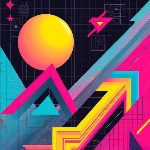 Abstract composition inspired by 1980s style featuring bold geometric shapes like triangles and circles. Vibrant neon colors including hot pink, electric blue, and bright yellow layered with grid patterns and diagonal lines. Glossy gradients and sharp angles create a dynamic asymmetrical layout evoking a playful and energetic futuristic vibe.