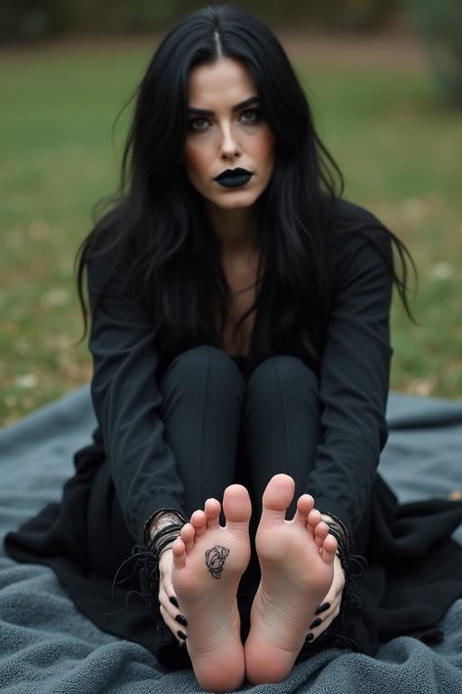 Goth woman with long black hair and black lips sitting on a blanket outdoors. Show feet with tattoos.