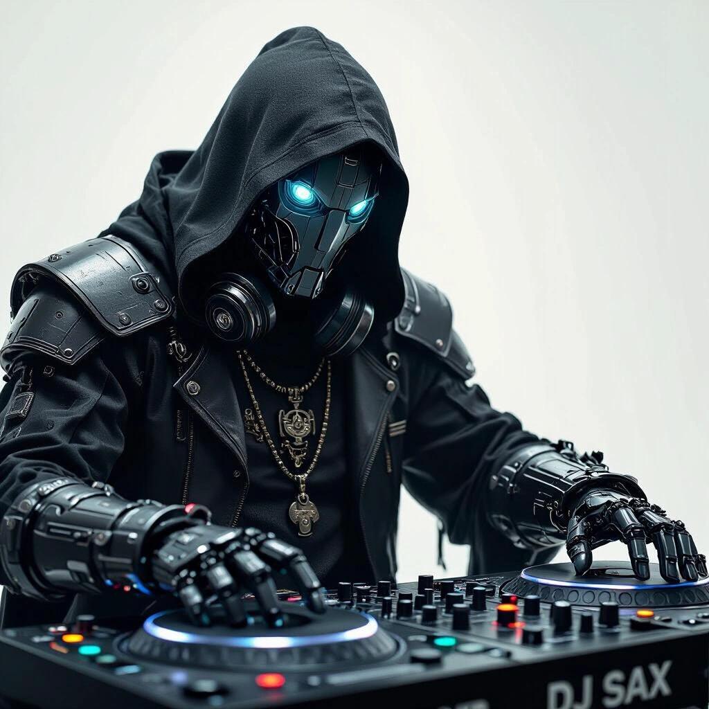 Close up of a dark cyborg wizard DJ. The DJ is wearing a hooded cloak. His face is robotic with glowing blue eyes. He is operating turntables. The words 'DJ SAX' are written in small text on the turntables. The setting is modern and atmospheric.