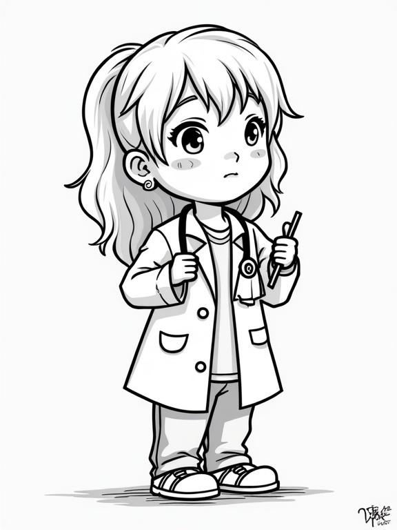 Child-friendly doctor illustration for coloring pages. Cartoon style character with a playful expression. Wearing a lab coat, holding a pen. Appealing to children.