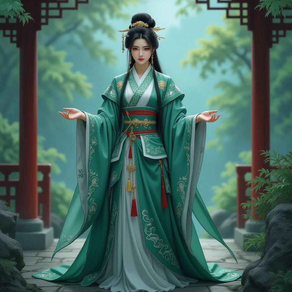 Image showcases a character in a fantasy art style. Character wears a luxurious green robe with intricate gold embroidery. Hair and clothing colors are harmonious. Background features dragon motifs. Soft lighting highlights details and textures.