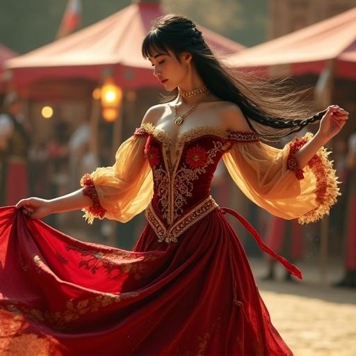 Ultra-realistic portrait of a young Romani-inspired noblewoman in a flowing medieval dance outfit. She has luminous porcelain skin and long black hair adorned with gold coins and red ribbons. The outfit features a fitted off-shoulder bodice in crimson and gold, with ornate embroidery. Her layered skirt flows gracefully as she dances. The scene is set in a lively medieval town square with festival elements.