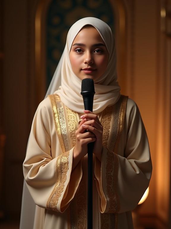 Young Arab Muslim girl wears elegant Arabic attire with rich fabrics. The outfit features intricate golden embroidery. Light hijab is gracefully wrapped. She holds a microphone with both hands. The setting is a softly lit studio. Expression is peaceful and focused. Background has warm tones and a subtle Islamic pattern. Vertical orientation with cinematic lighting.