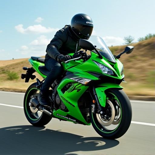 Generate a motorcycle riding image featuring a Kawasaki, capturing a rider in action on a highway.