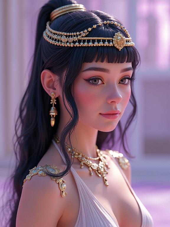 3D portrayal of Cleopatra with a yogurt background. Full body figure.