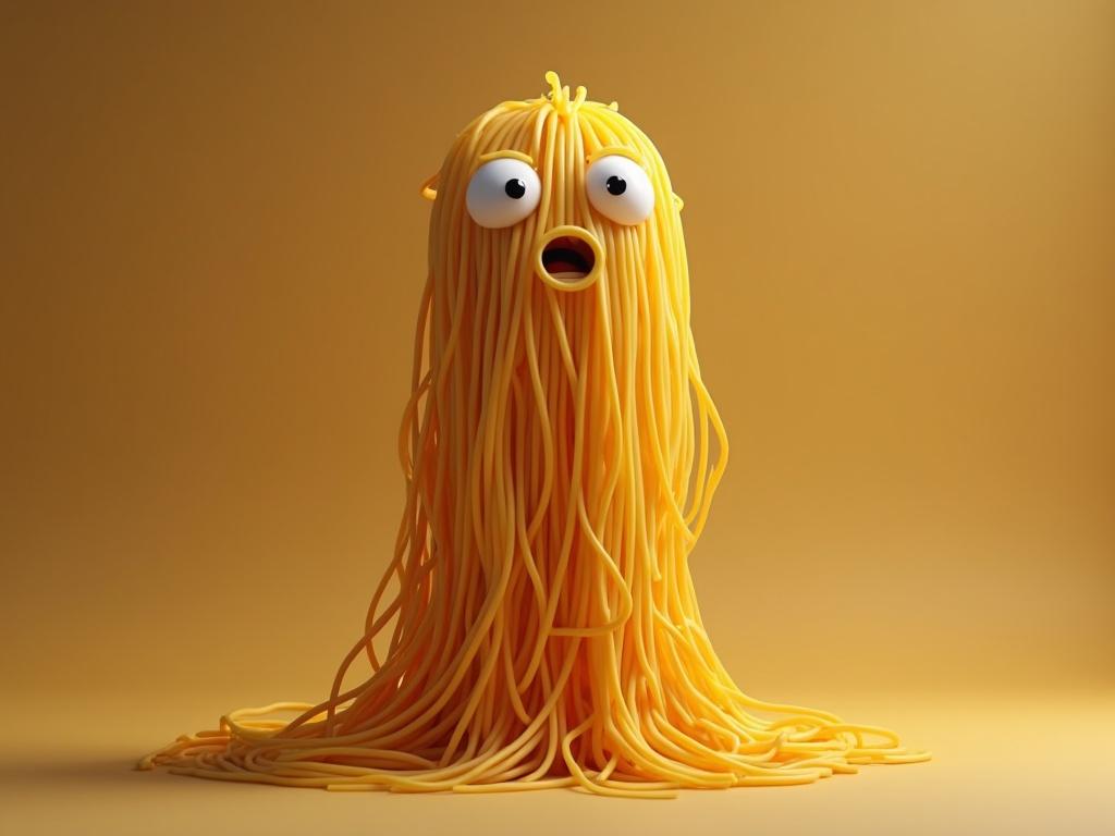 A cute spaghetti character resembling a human figure with large expressive eyes and spaghetti for hair.